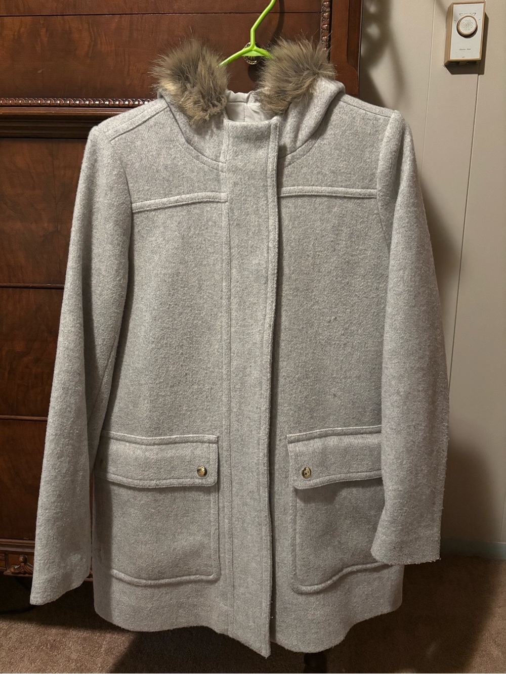 J. Crew Factory Light Gray Wool-Blend Hooded Coat with Faux Fur Trim